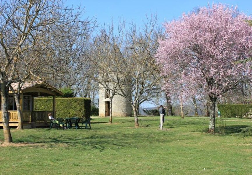 Vue du chalet bois dans la noyeraie et du pigeonnier